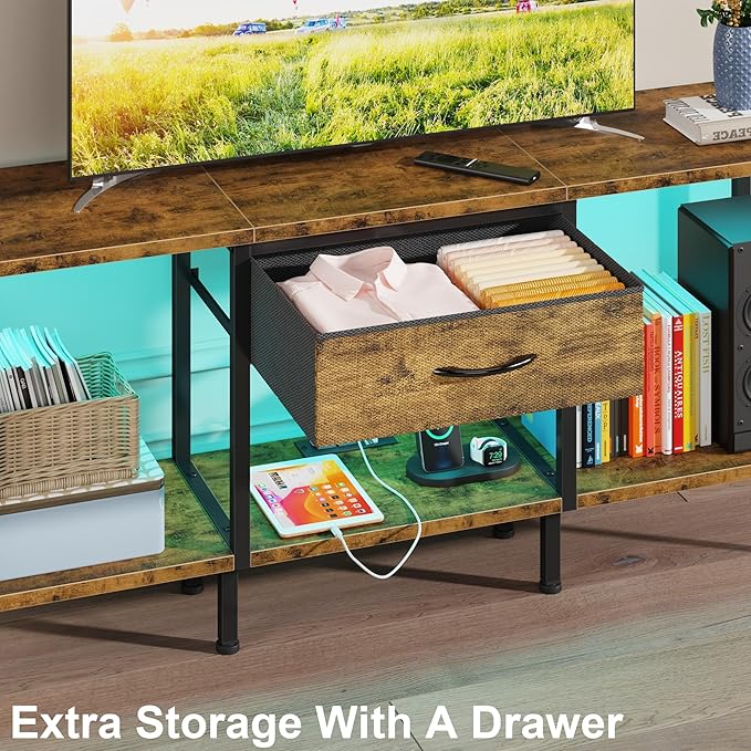 GYIIYUO LED TV Stand with Power Outlet and Fabric Drawer for 55 50 45 Inches TV - Entertainment Center and Industrial TV Console Table for Living Room, Bedroom- 47" Rustic Brown