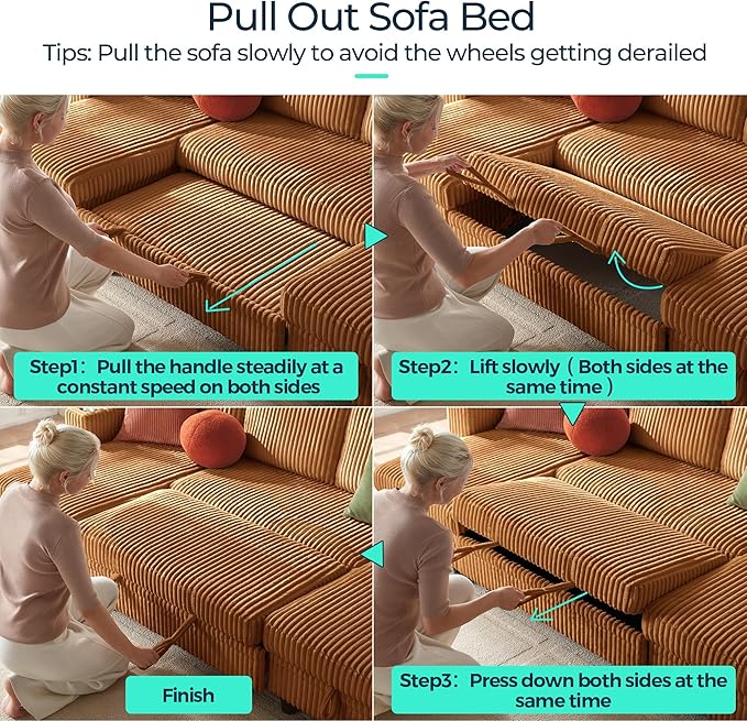 LINSY HOME Sectional Sleeper Sofa Pull Out Couches for Living Room (Brown, Sleeper Sofa 3) | Pull Out Sofa Bed, Storage, USB Charging, Cup Holders, Plush Corduroy | Pull Out Sofa Bed, Storage, USB Charging, Cup Holders, Plush Corduroy