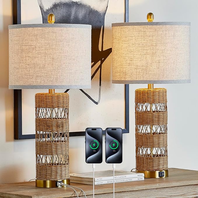 Natural Solid-Color Rattan Table Lamps Set of 2-28" Rustic Bedside Lamps for Nightstand,bedrooms, Living Rooms, or entryways & Rotary Switch,Bulbs in