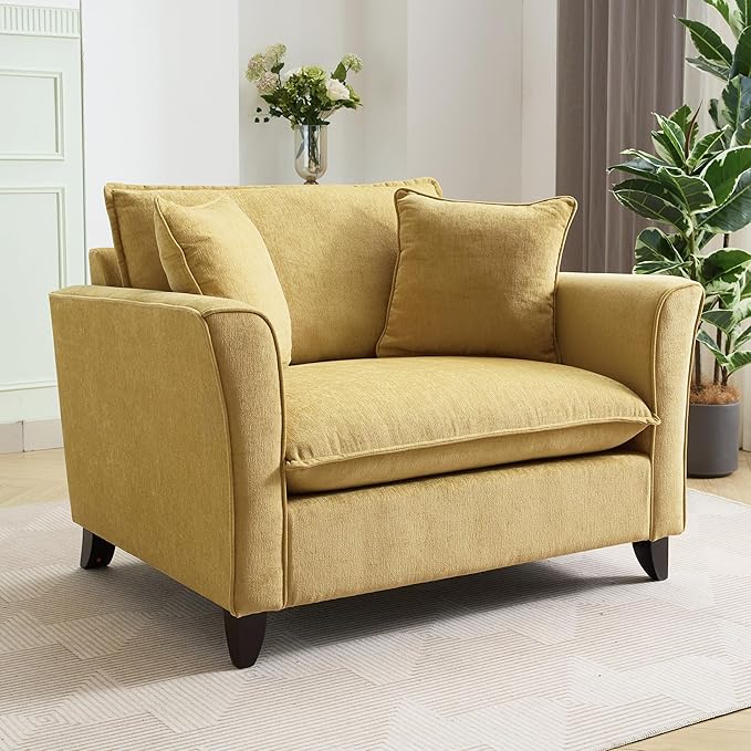 Merax 46.3" Chenille Accent Chair, Oversized Reading Armchair w/2 Pillows, Modern Corner Single Cloud Sofa Arm Chairs, Comfortable Living Room Deep Cushion Seating for Office & Apartment, Pale Yellow