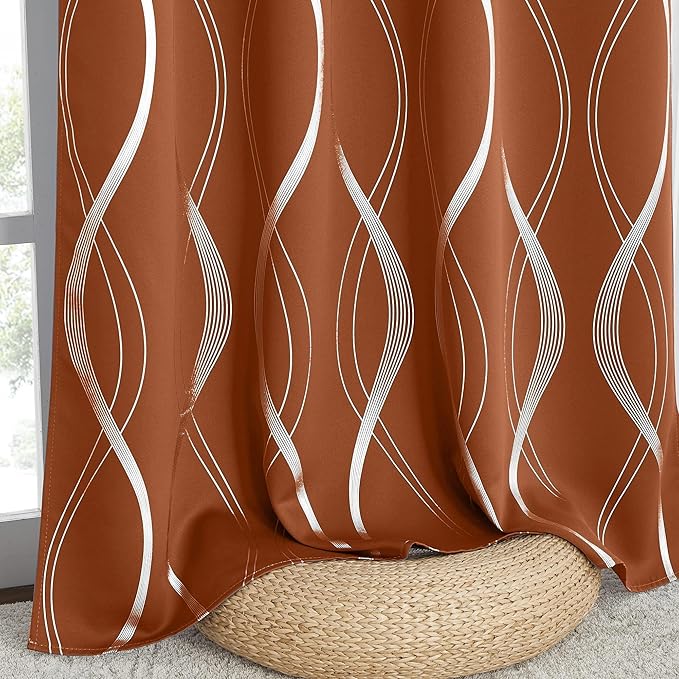 NICETOWN Burnt Orange Blackout Curtains for Living Room 84 inch Long 2 Panels, 52x84, Easy Care Solid Thermal Insulated Wave Line Foil Printed Grommet Room Darkening Drapes for Bedroom Decoration