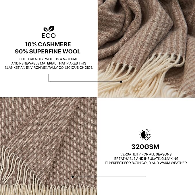 | Cashmere Blend Blanket | 10% Cashmere, 90% Superfine Wool | Ultra-Soft, Warm & Breathable Throw with Fringes | Elegant Bed or Sofa Layer 55"x79" (140 x 200 cm)