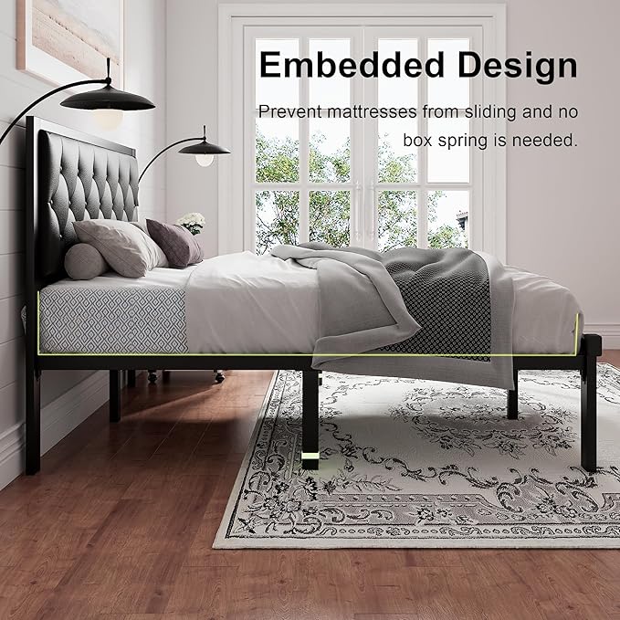 Feonase Full Size Metal Bed Frame with Faux Leather Button Tufted Headboard, Heavy-Duty Platform Bed Frame with 12" Storage, Steel Slats Support, No Box Spring Needed, Noise Free, Matte Black