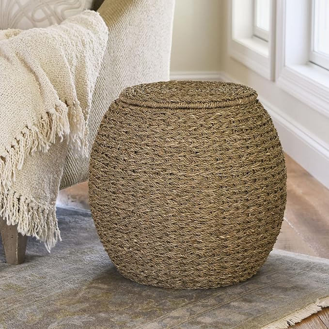 Household Essentials Handwoven Seagrass Barrel Wicker Storage Basket Side Table, Natural