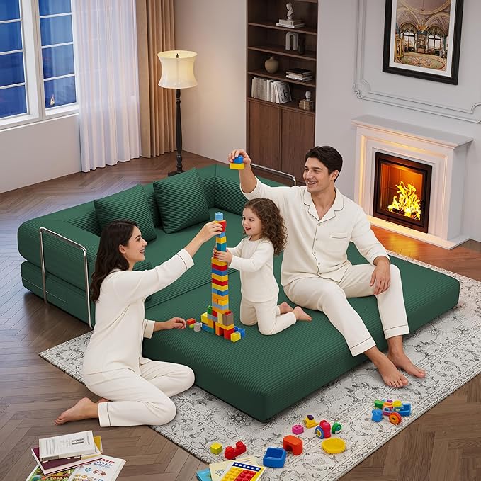 BSHOMGI 4-in-1 Foldable Sofa Bed Teddy Fabric Foam-Filled Compressed Couch, Convertible Loveseat Sofa, Boneless FoldingSleeper for Living Room, Guest Bed, Playroom (Green, 59” 2 Seat)