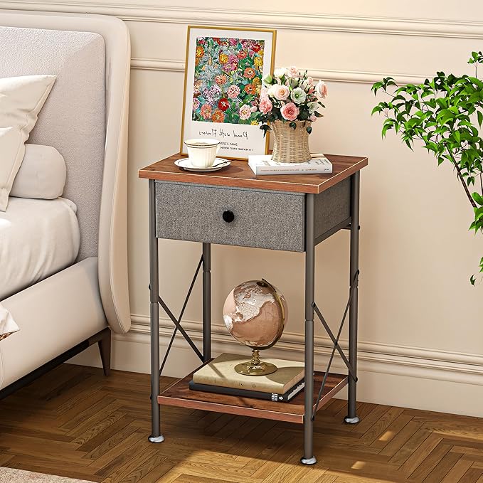 VECELO End Tables, Modern Nightstand with Fabric Drawer & Open Shelf, Night Stand for Bedroom Living Room, Industrial Metal Frame, Easy Assembly, Rustic Brown,1 Pack