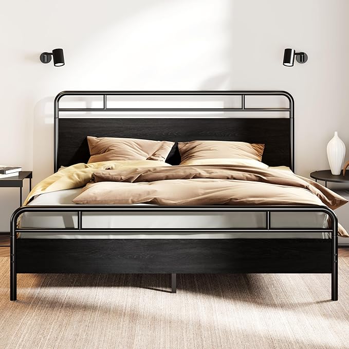SHA CERLIN King Size Bed Frame with Vintage Industrial Wood Headboard, Heavy Duty Metal Platform with 12" Under-Bed Storage, Mattress Foundation, No Box Spring Needed, Noise-Free, Easy Assembly, Black