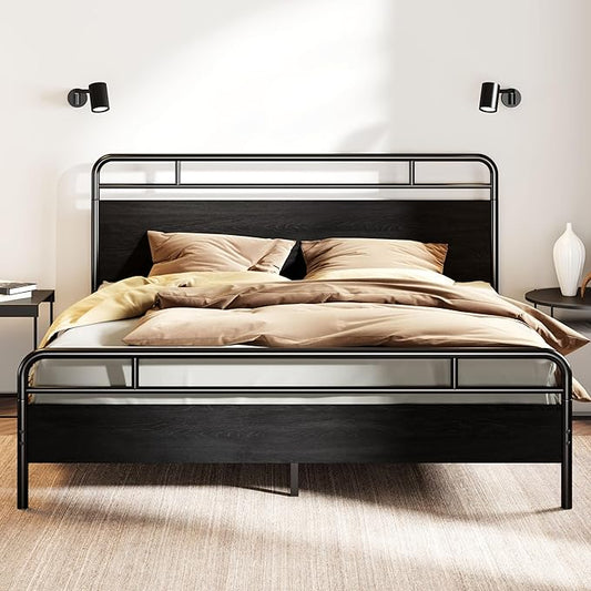 SHA CERLIN King Size Bed Frame with Vintage Industrial Wood Headboard, Heavy Duty Metal Platform with 12" Under-Bed Storage, Mattress Foundation, No Box Spring Needed, Noise-Free, Easy Assembly, Black