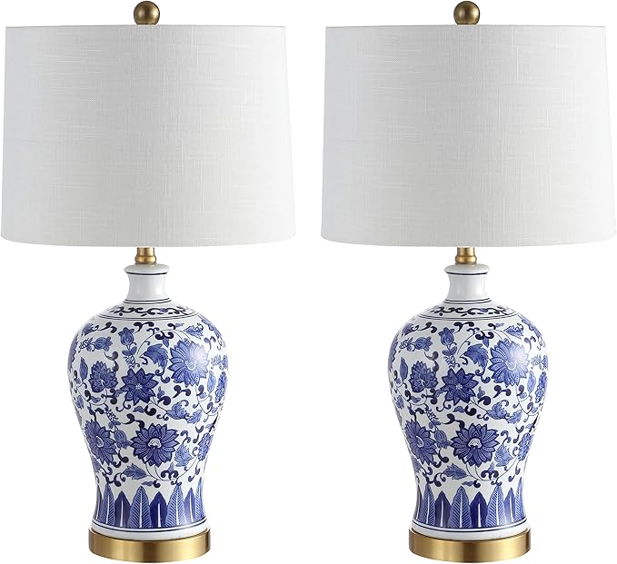 JONATHAN Y 25.75" Blue and White Ceramic Ginger Jar LED Table Lamp Set of 2, Traditional Brass Gold Base for Bedroom Living Room, White Linen Shade, LED Bulbs Included JYL1073A-SET2
