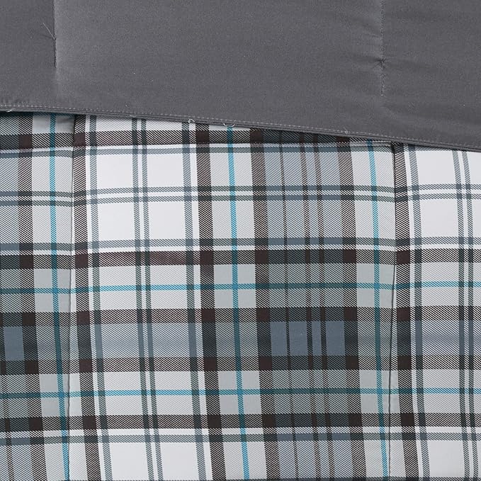 Madison Park Essentials Parkston Plaid Comforter, Matching Sham, 3M Scotchguard Stain Release Cover, Hypoallergenic All Season Bedding-Set, Full/Queen, Grey, 3 Piece
