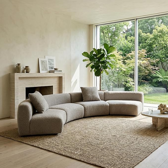 Acanva Modern Curved Sectional Living Room Couch, Minimalist Comfy Boucle Fabric Modular Sofa for Apartment, Home Office, Armless Chair, Light Coffee | Boucle Fabric, Modular, Minimalist, Comfy