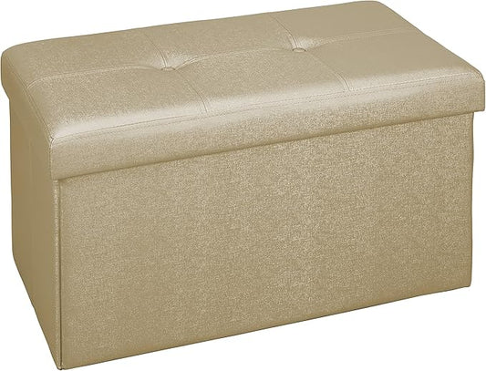 Simplify Faux Leather Folding Storage Ottoman | Double | Collapsible | Tufted Padded Seating | Foot Rest | Bench | Metallic Gold