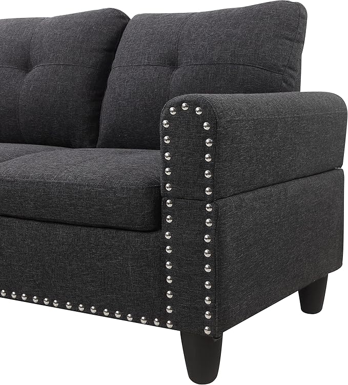 Favfurish 98" Left Hand Facing Sofa with Ottoman and Manufactured Wood Frame,L-Shaped Design Sectional Chaise W/Rounded Arms & Nailhead Trim,for Living Room,Office,Apartment,Charcoal Grey