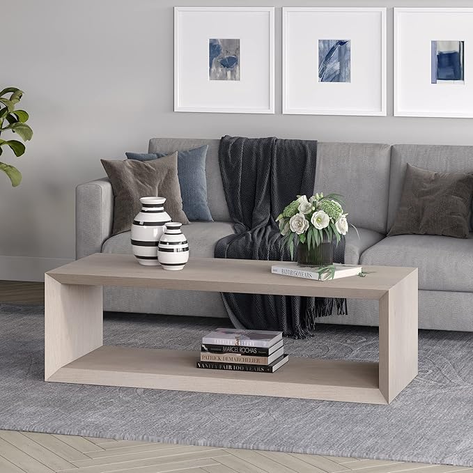 Henn&Hart 58" Rectangular Coffee Table with Open Storage Shelf for Living Room, Family Room, or Office, Beech White