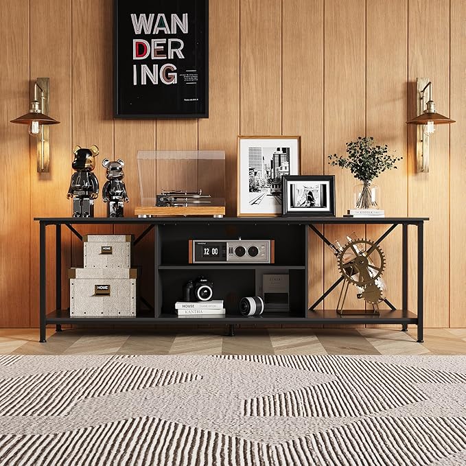 WLIVE Industrial TV Stand for Up to 70 inch TV, Heavy-Duty Metal Frame Entertainment Center with Adjustable Shelves & Cable Management, Large Media Console for Living Room, Black