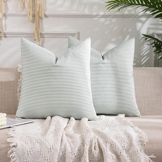 ARRIE Home Farmhouse Light Green Striped Throw Pillow Covers 18x18 Neutral Striped Outdoor Pillow Cover 18 x 18 Set of 2 for Patio Sofa Porch, Grey Green and White