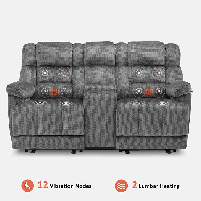 MCombo Zero Gravity Power Loveseat Recliner with Console, Heat and Vibration Massage, Reclining Loveseat Sofa with USB Ports, Cup Holders for Living Room, Fabric RS6234 (Grey)
