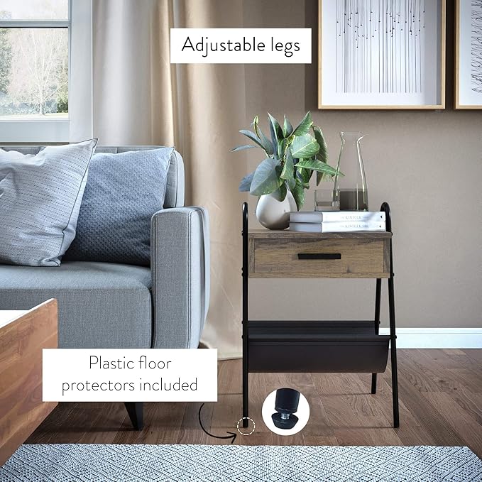 Nathan James 32502 Hugo Wood Nightstand, Rustic Accent End or Side Table with Drawer, Durable Black Metal Frame & Leather Hammock, Gray/Black