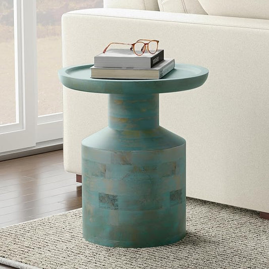 SIMPLIHOME Haynes End Table - 16 inch Wide Solid Mango Wood Round Accent Table with Sculptural Pedestal Base in Teal Wash, Boho Nightstand or Lamp Stand for Living Room or Bedroom, Assembled