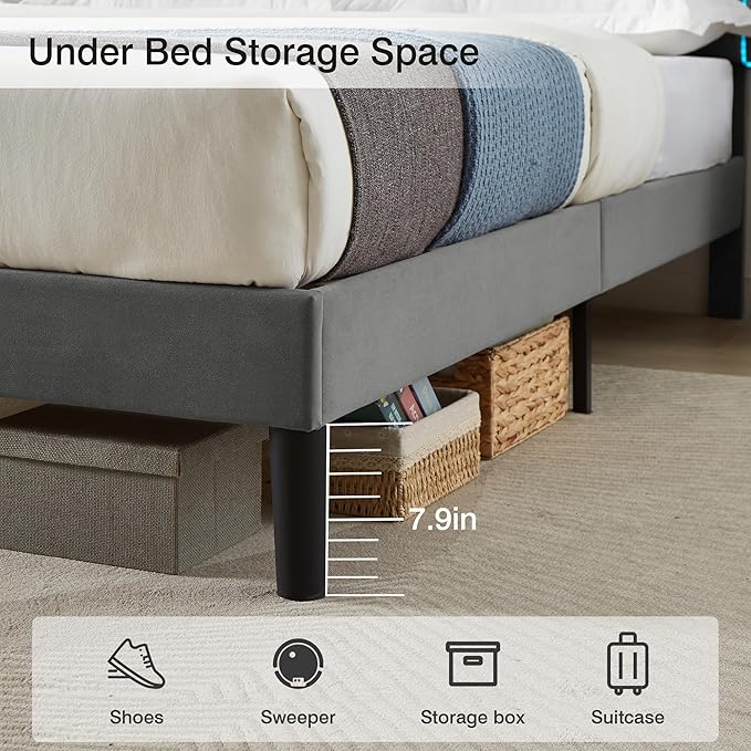 VECELO Upholstered Full Bed Frame with Headboard Adjustable, Velvet Platform Bed with LED Lights, Charging Station, Mattress Foundation with Wooden Slats, Noise Free, No Box Spring Needed, Dark Grey