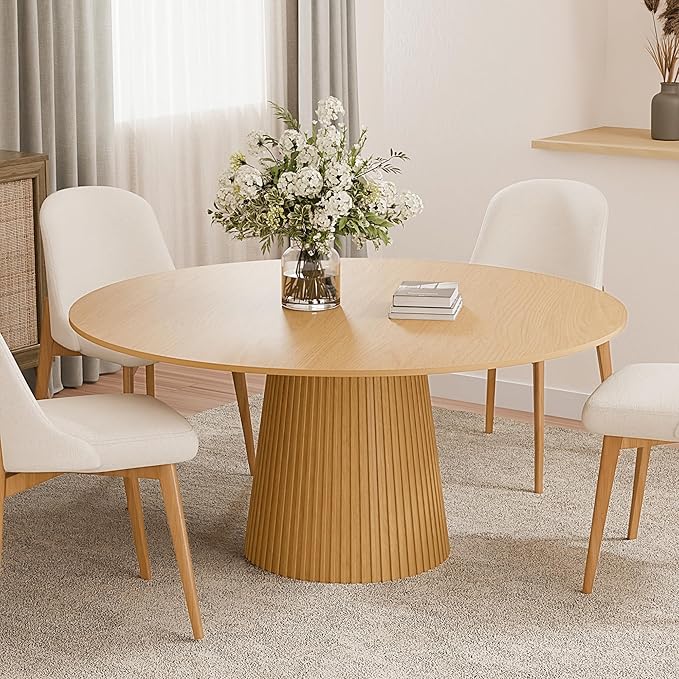 Casaphoria 60" Round Dining Table, Modern Wood Kitchen Table with Cone Grating Bar Base for Living Room & Dining Room, Easy Assembly Farmhouse Furniture for 4-6, Oak