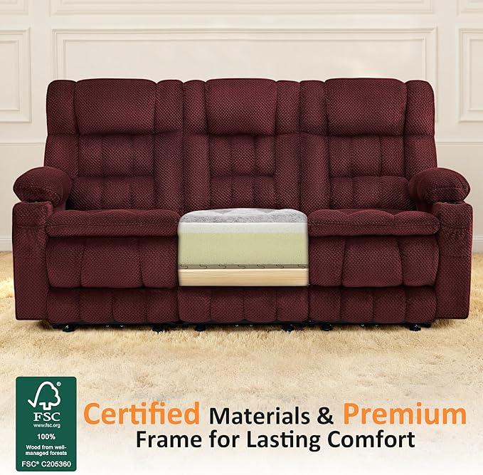 MCombo 80.7" W 3 Seater Power Reclining Sofa with Heat and Vibration Massage, Zero Gravity Recliner Sofa Couch for Living Room, Fabric 6316M3 (Burgundy, 3-Seater)