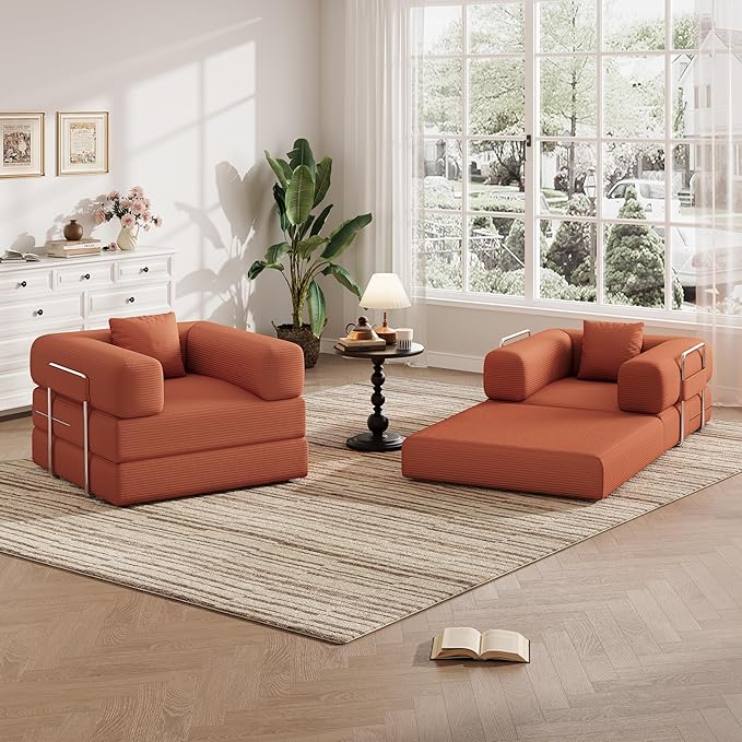 BSHOMGI Folding Sofa Bed, 2 in 1 Convertible Sofas to Lounger Comfy Single Bean Bag Chair Floor Portable Foldable Sleeper Lazy Futon Couch Chair for Bedroom, Living Room(Orange, 35.43" Single Sofa)