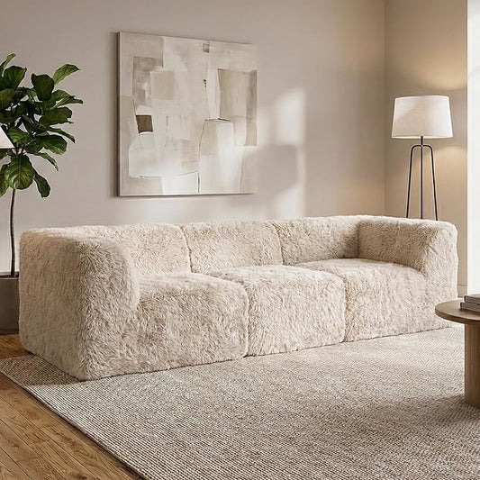 Furniture of America Havyn Modern Faux Fur 3-Seater Modular Foam Sofa with Curved Arms & Deep Seat, Compressed Couch in a Box, No Assembly Required, for Living Room and Office, Sand