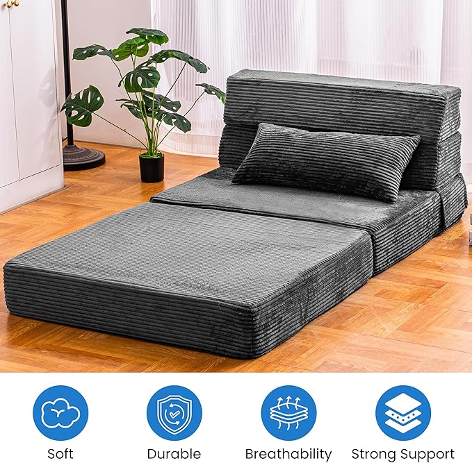 Cvortll Folding Sofa Bed, Convertible Sleeper Chair with Pillow, High Density Memory Foam Fold Out Couch, Foldable Mattress Futon Sofa for Living Room/Dorm/Guest Use/Apartment/Home Office