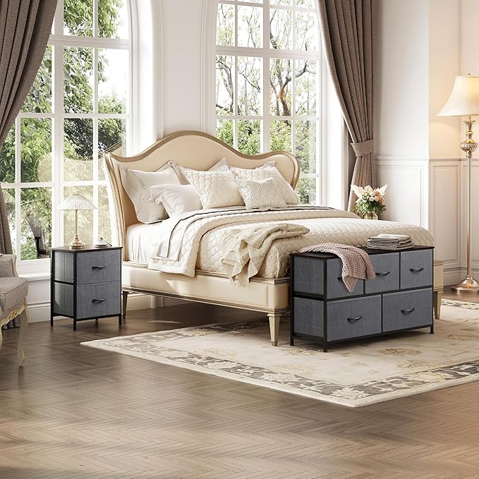 WLIVE 2-Drawer Nightstand and 5-Drawer Dresser Set, Fabric Storage Tower for Bedroom, Hallway, Nursery, Closets, Tall Chest Organizer Unit with Textured Print Fabric Bins, Steel Frame