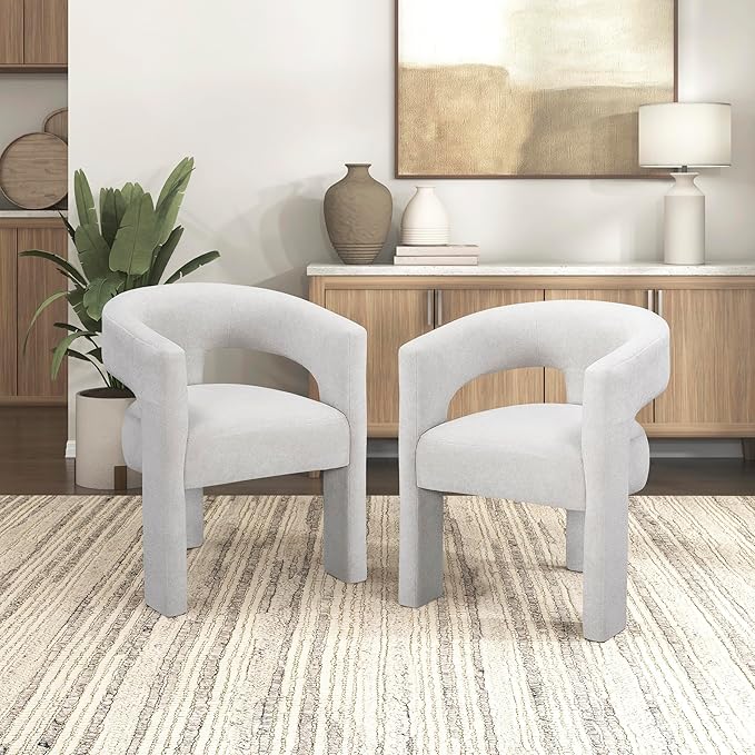 Lexicon Modern Boucle Upholstered Dining Chairs Set of 2, Curved Backrest Accent Chair with Plywood Frame and Plush Seat, for Dining Room, Home Office, No Assembly Required, Light Grey