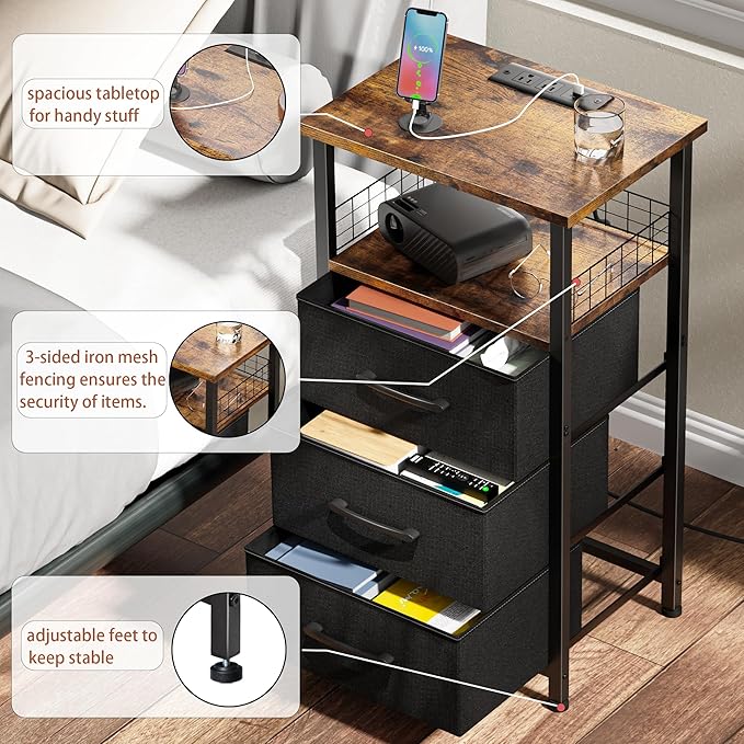 Night Stand Set 2 with Charging Station, End Table Set of 2 with 20 Colors LED Light Strip, 3 Fabric Drawers, Bedside Table with USB Ports and Outlets for Bedroom (Rustic Brown)