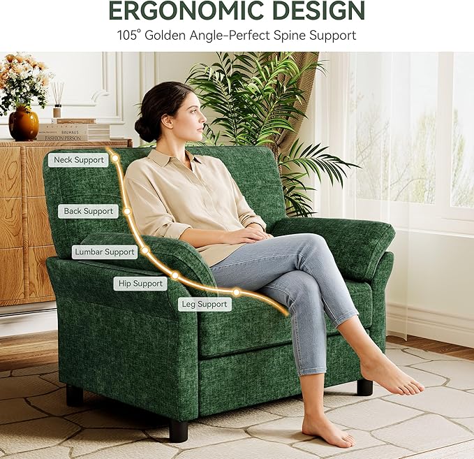 Oversized Accent Chair, 44.5 Inch Green Chenille Fabric Armchair, Comfy Single Sofa Chair with Padded Arms & Pocket Spring Cushion, Modern Reading Chair for Living Room, Bedroom
