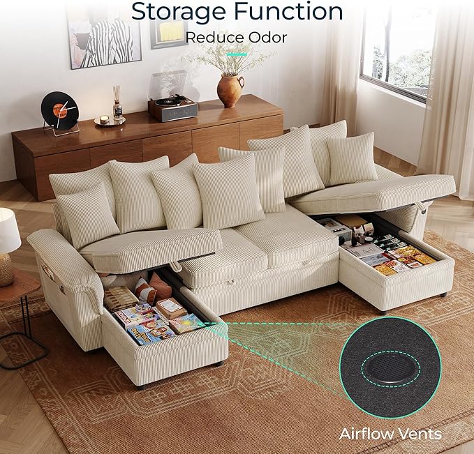 LINSY HOME Oversized Sectional Sleeper Sofa with Pull Out Couch Bed (Beige, 118.5'') | USB Charging, Pillow-style Armrest, Multiple Cushions, Storage Chaise, Corduroy Fabric