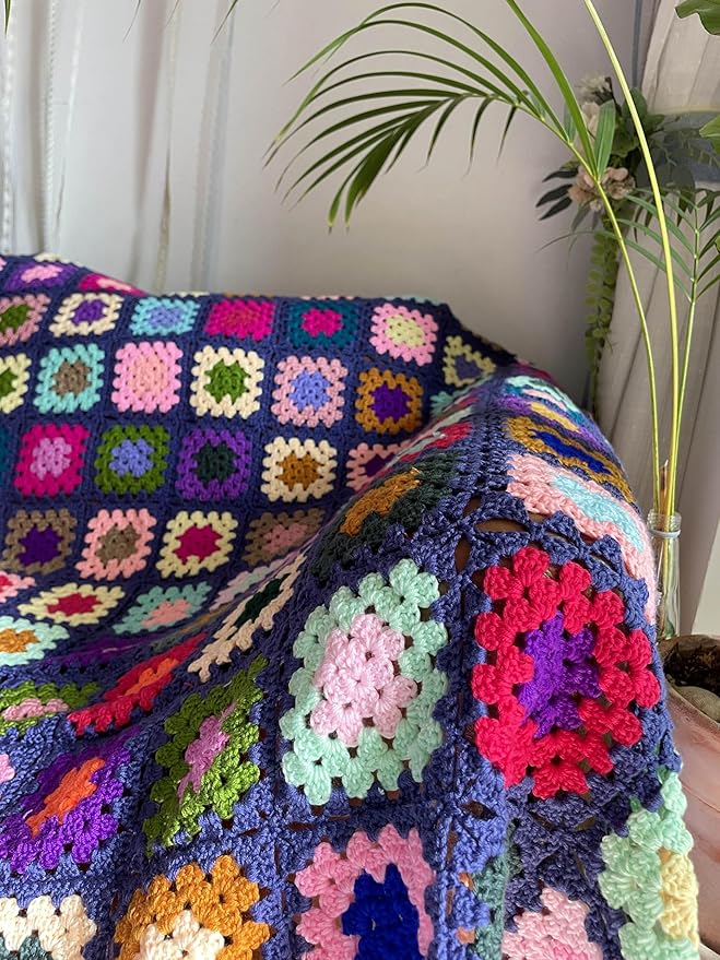 RISEON Handmade Granny Square Crochet Throw Blanket Sweater Style Mat, crochet quilt, multicolor Boho Travel Accent Decor Throw for Sofa Comforter Couch Bed Recliner Living Room Bedroom (Dark blue)