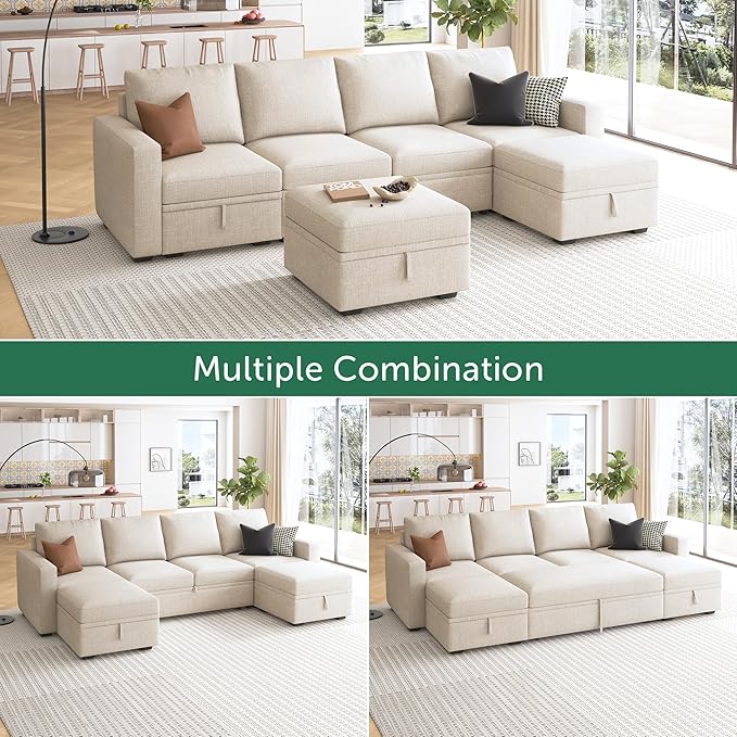 HONBAY Modular Sectional Sleeper Sofa Bed, Sectional Couch with Pull Out Bed U Shaped Modular Couch with Storage Ottoman for Living Room, Beige