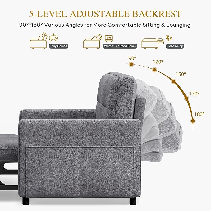 YITAHOME 55" Convertible Sofa Bed, 3-in-1 Sleeper Sofa with Pull-Out Bed, Cat-Scratch-Proof Futon Couch with 5-Levels Reclining Backrest, USB and Side Pocket, Modern Loveseat for Living Room, Grey