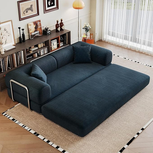 79" Convertible Sofa Bed, Corduroy Folding Pull Out Couch with Pillows, No Assembly Modern Boneless Couch Compression Sofa in Box, Floor Sofa with Support Rods for Living Room,Blue