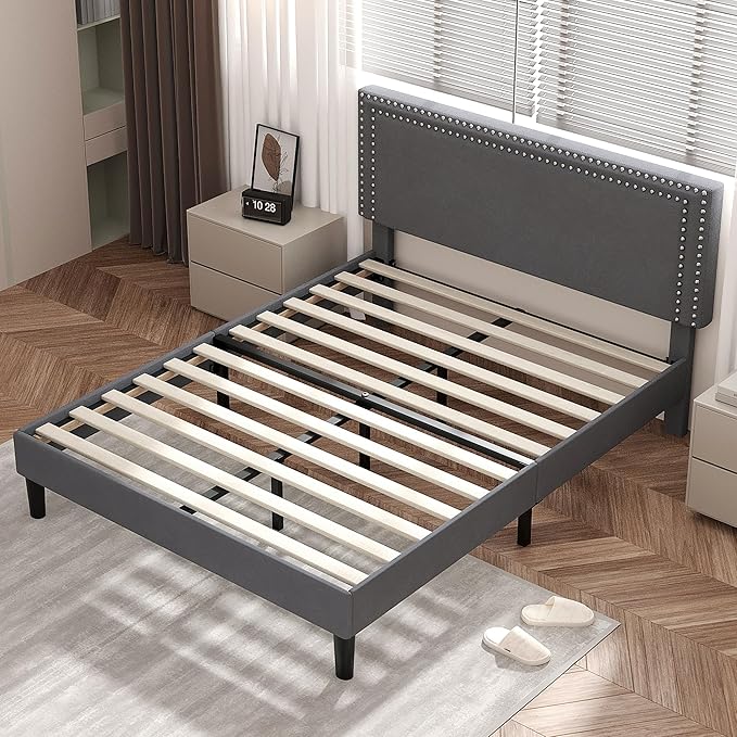 VECELO Full Size Bed Frame with Adjustable Upholstered Headboard, Wooden Slats Platform, Noise-Free Design, Easy Assembly