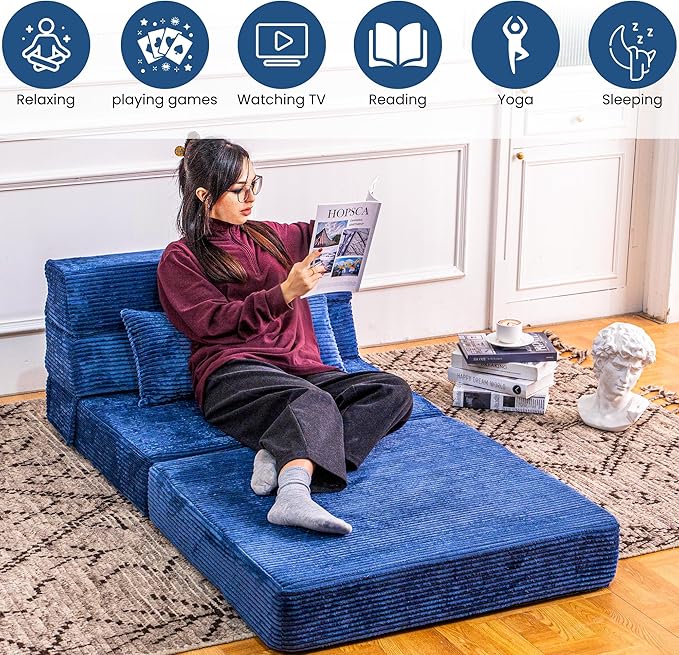 Cvortll Folding Sofa Bed, Convertible Sleeper Chair with Pillow, High Density Memory Foam Fold Out Couch, Foldable Mattress Futon Sofa for Living Room/Dorm/Guest Use/Apartment/Home Office