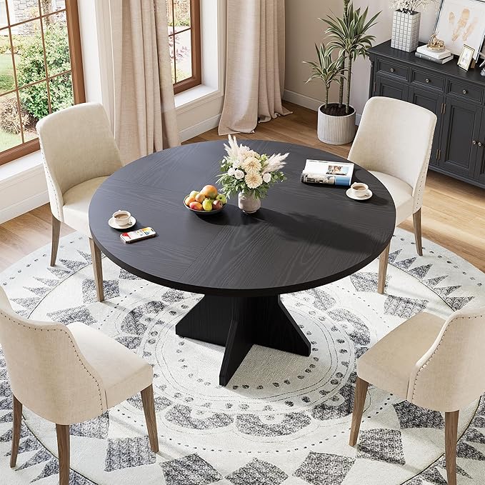 IDEALHOUSE Round Dining Table, 47" Kitchen Table for 4-6 People, Circle Tables with Sturdy Pedestal Base, Space Saving Dinning Room Furniture for Living Room, Kitchen, Apartment, Black
