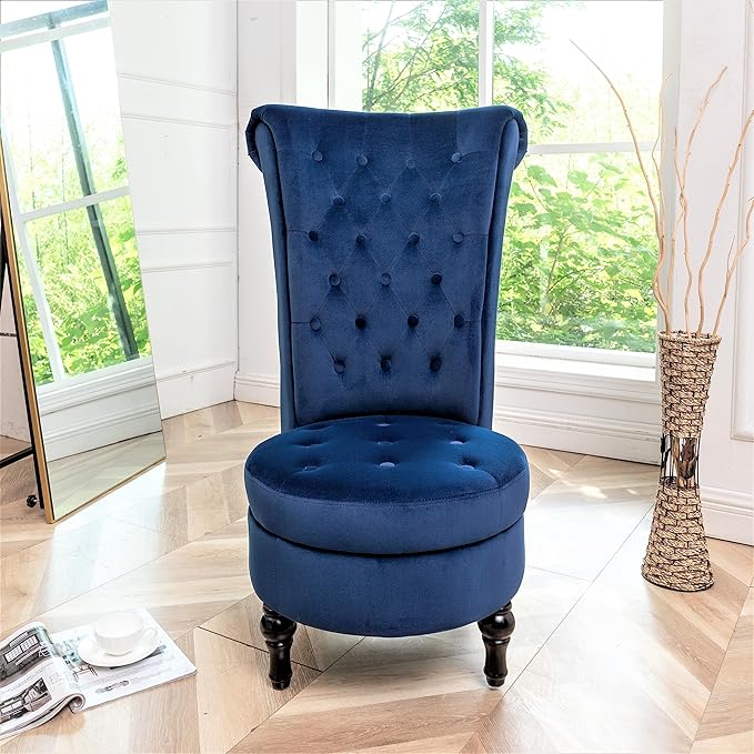 Royal High-Back Velvet Accent Chair for Vanity with Storage and Luxurious Upholstery, Retro Design and Versatile Usage for Living Room, Bedroom, Lounge and Office, Dark Blue