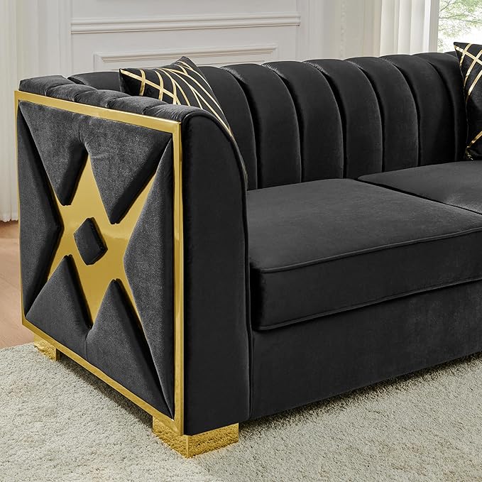 KEIKI 2-Piece Luxury Chesterfield Sofa Set with 2 Oversized Velvet 3-Seater Sofa, Upholstered Modern 6-Seater Button Tufted Couch Set with 4 Pillow, Gold Stainless Decoration, for Living Room, Black