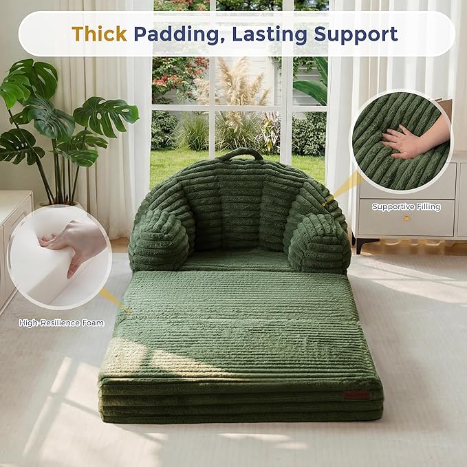 MAXYOYO Folding Sofa Bed, 2 in 1 Convertible Sofa to Lounger Comfy Faux Fur Bean Bag Chair for Adults, Floor Single Sleeper Couch Chair with Handle, Couch Bed for Living Room Bedroom, Dark Green