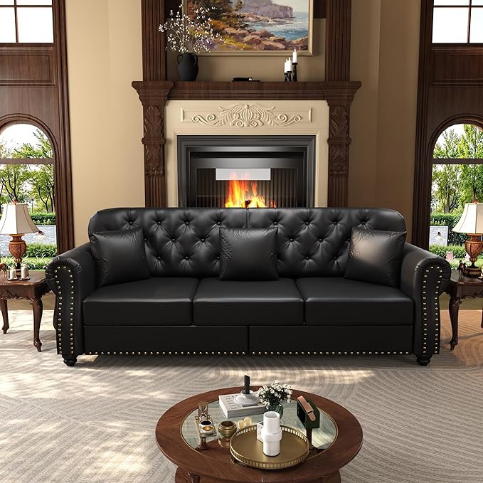 KEIKI 2-Piece Chesterfield Sofa Set with 1 Faux Leather 3-Seater Sofa & 1 Single Sofa, Upholstered 4-Seater Couch Set with Nailhead Trim & Rolled Arms & 1 Ottoman & 4 Pillow, for Living Room, Black