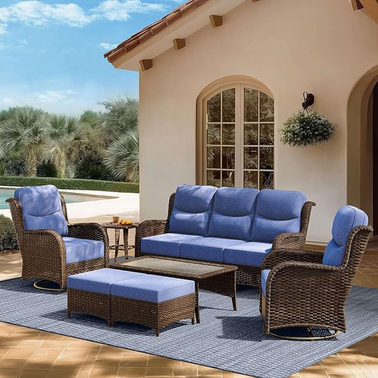 High Back Outdoor Furniture with Extra Thick Cushion Patio Swivel Rocking Chairs, Comfort 3-Seat Sofa, 7PCS Oversized Wicker Conversation Set for Porch, Deck, Yard in Blue