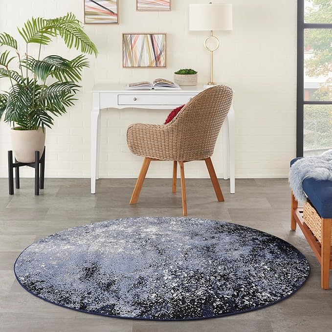 Nourison Home Passion Light Blue Black 5'3" x Round Area Rug - Easy Clean, Non Shedding, Bed Room, Living Room, Dining Room, Kitchen (5' x Round)
