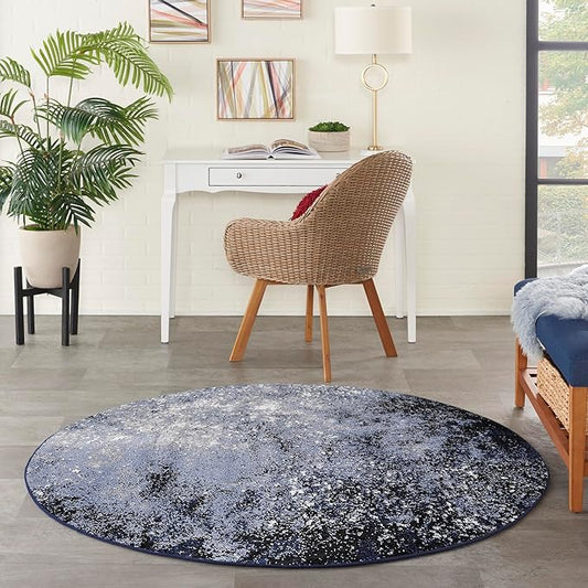 Nourison Home Passion Light Blue Black 5'3" x Round Area Rug - Easy Clean, Non Shedding, Bed Room, Living Room, Dining Room, Kitchen (5' x Round)