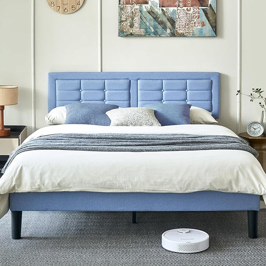 VECELO Full Size Bed Frame with Adjustable Headboard, Upholstered Button Tufted Platform Bedframe with Wood Slats Support, No Box Spring Needed, Light Blue