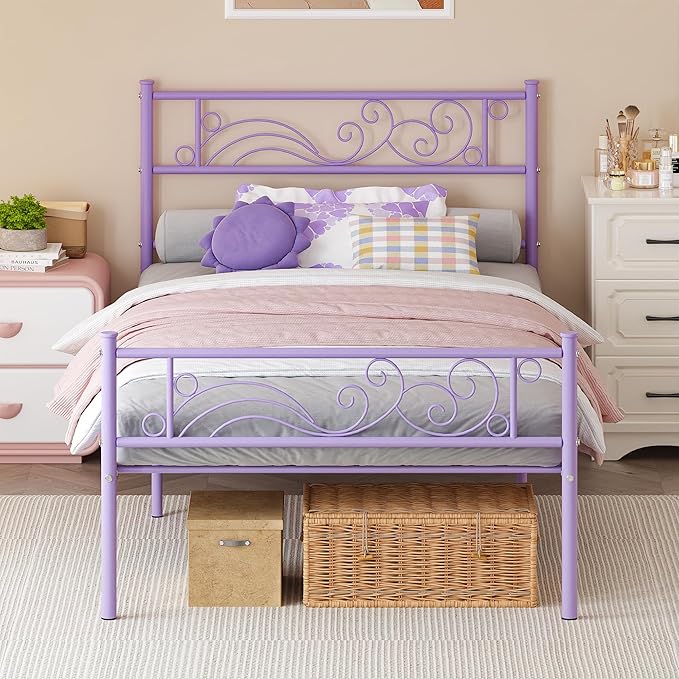 Weehom Twin Bed Frames with Headboard, Metal Platform Bed Heavy Duty Steel Slat Under Bed Storage for Kids Purple